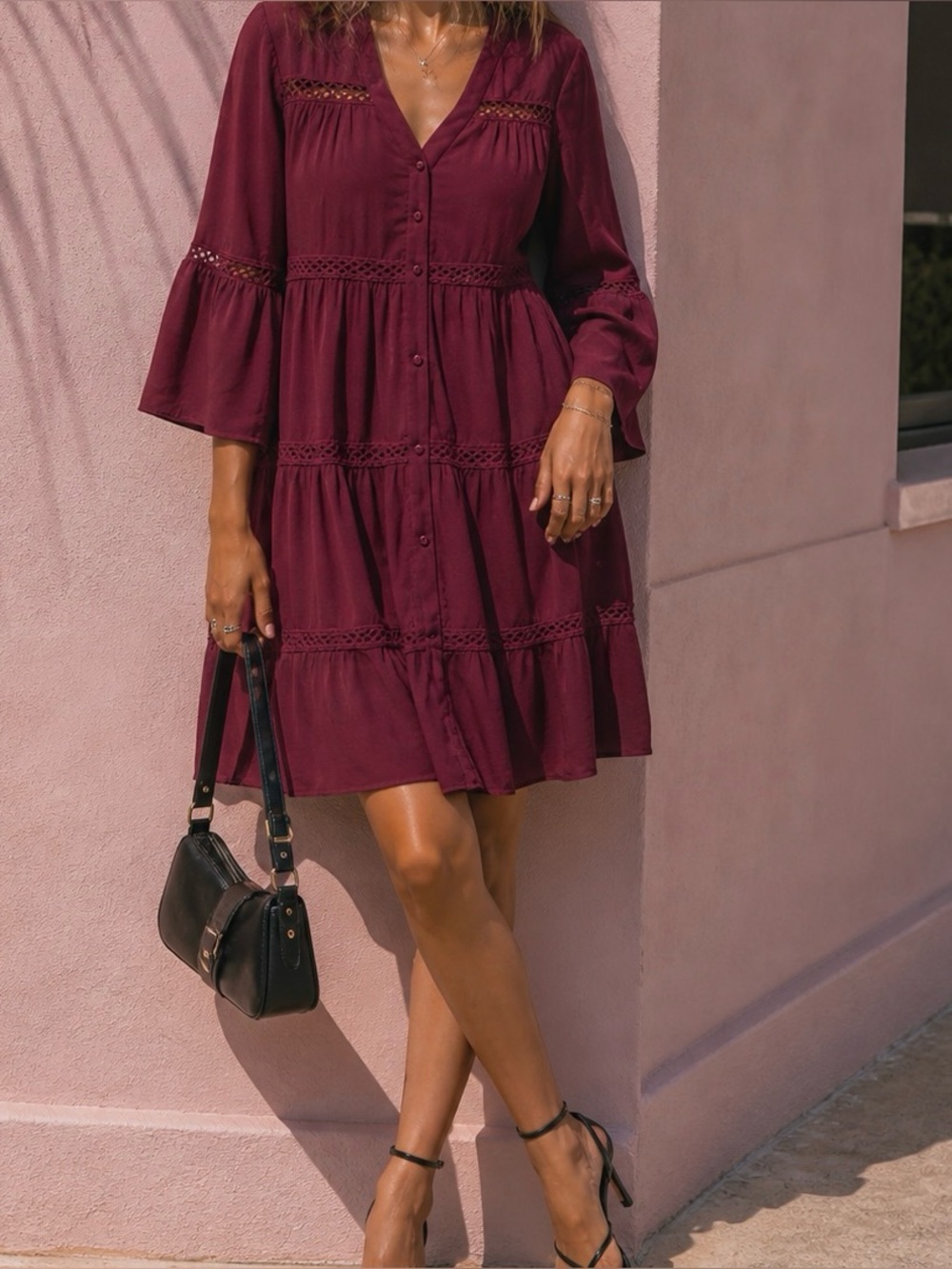 Knox Rose Burgundy Bell Sleeve Shift Dress with Button Front - Size M